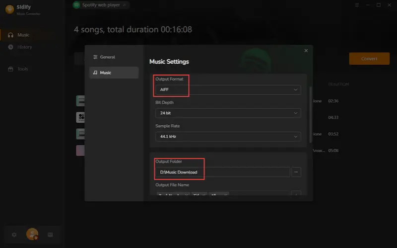 choose output format and folder
